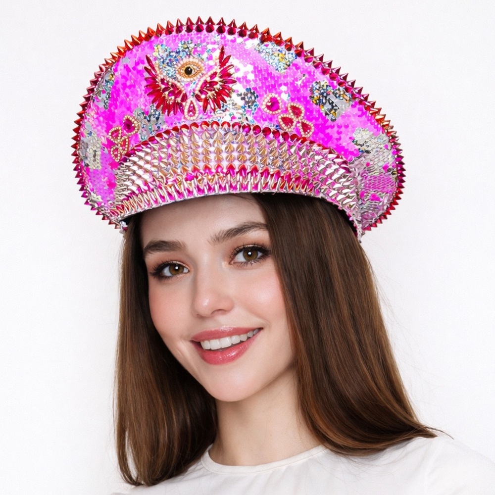 Nu Shuz Festival Vibrant Pink Sequin Spike Embellished Captain’s Hat